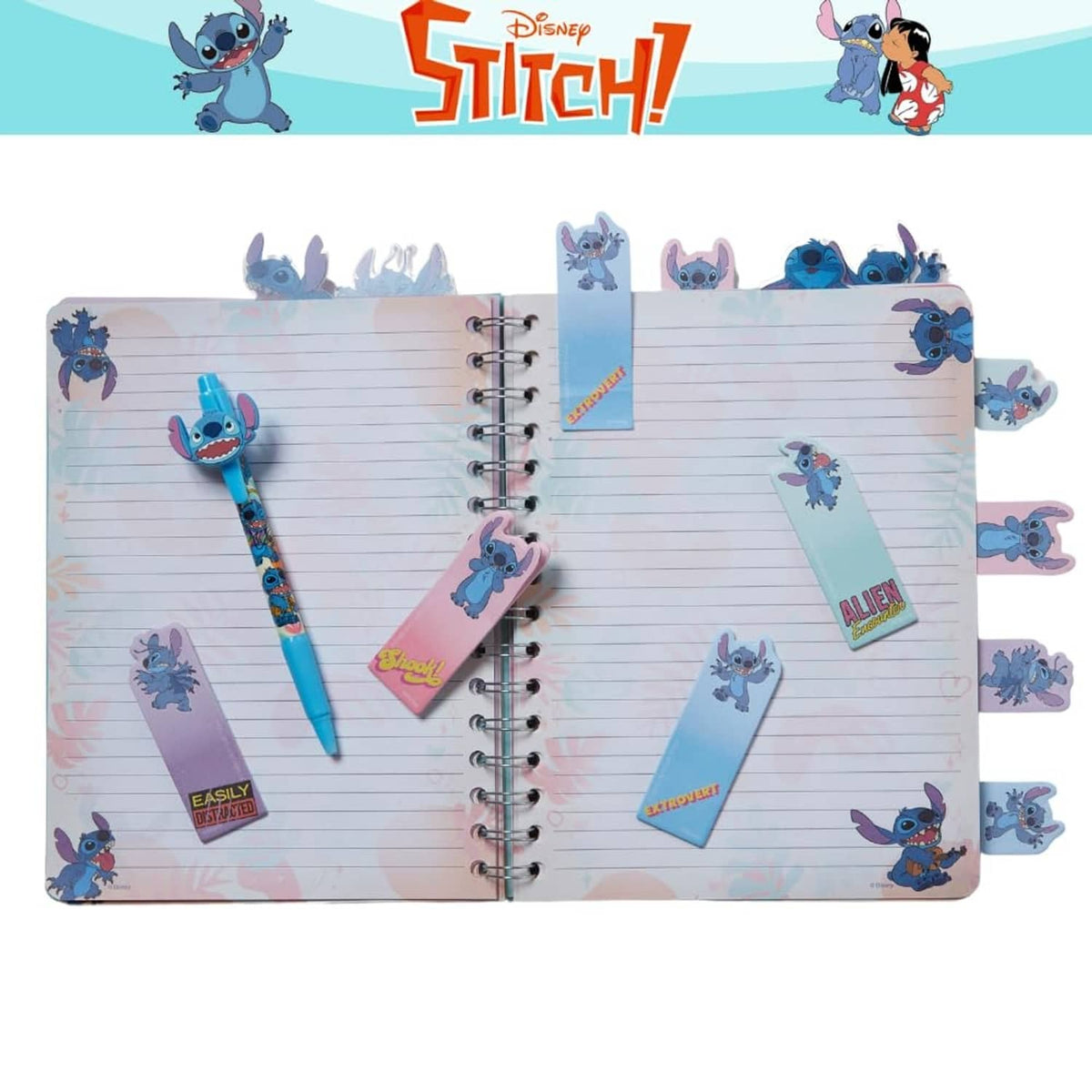 Open Stitch spiral journal with lined pages and multiple character sticky tab markers.