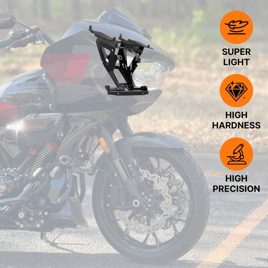 Steel radio frame support bracket mount shown on motorcycle, branding icons on background