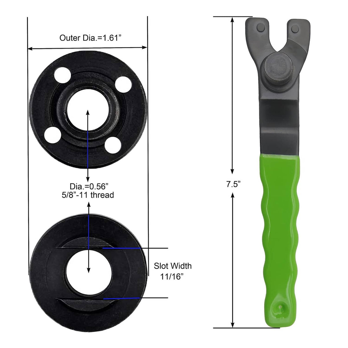 Angle grinder extension shaft with green handle and black adapter discs, size diagram view