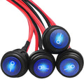 Round rocker toggle switches with blue LED in black housings, red/black wire leads