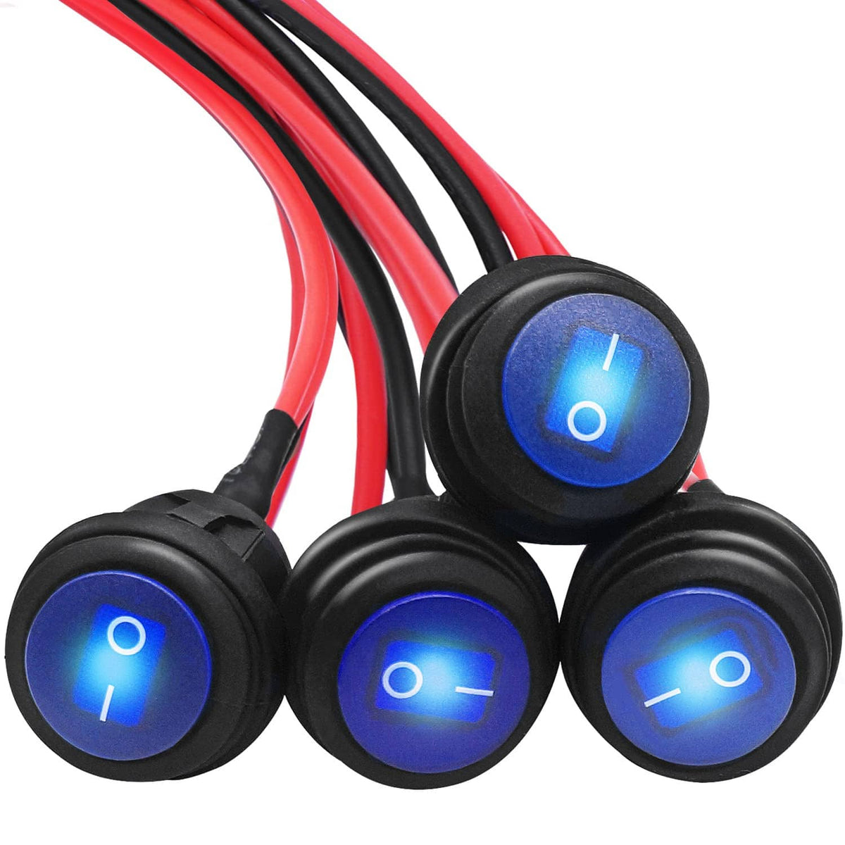 Round rocker toggle switches with blue LED in black housings, red/black wire leads