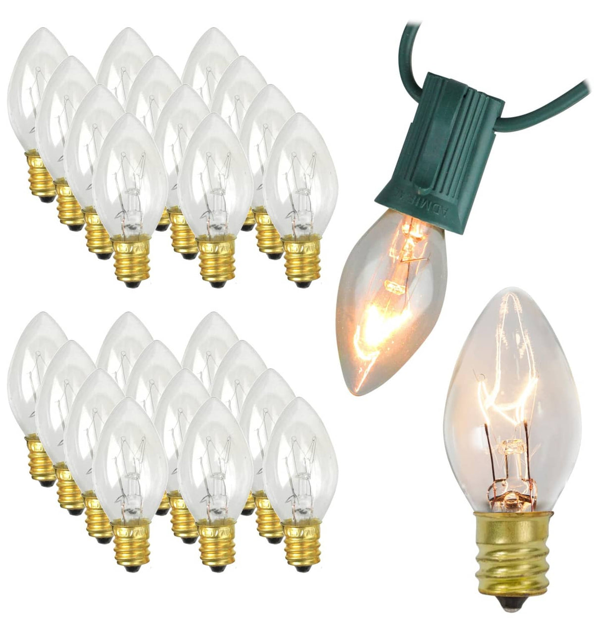 Clear candle-style bulbs with gold bases, one lit, green socket cable