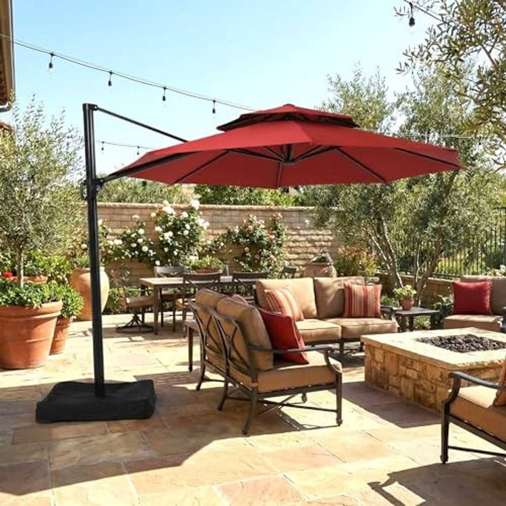 Red replacement umbrella canopy on pole over outdoor patio seating