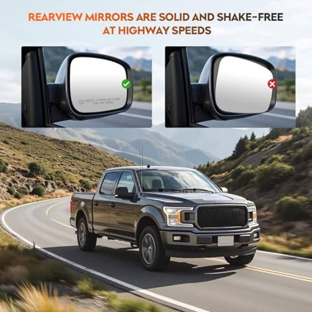 Heated side mirror glass shown on a truck for stable, shake-free driving