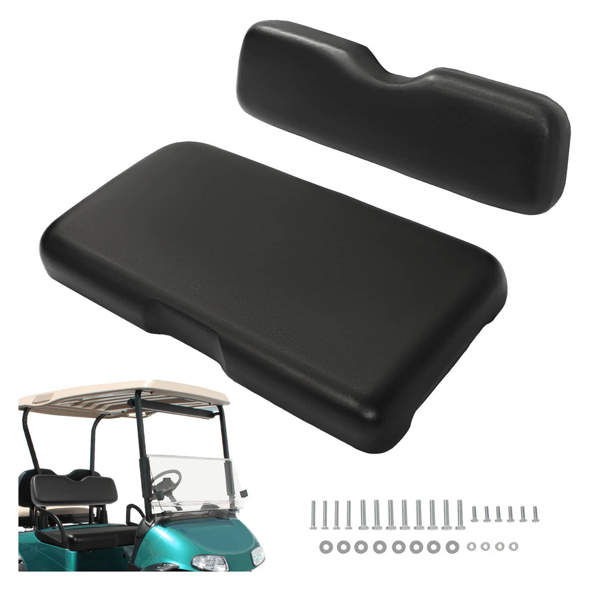 Black golf cart seat bottom and backrest cushion set with contoured padding