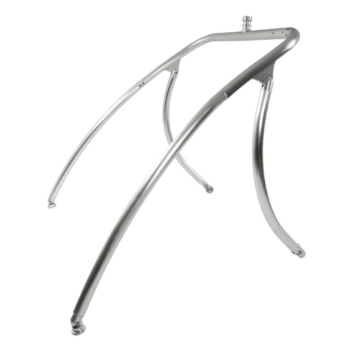 Aluminum wakeboard tower with curved silver tubes and cross-braced center support