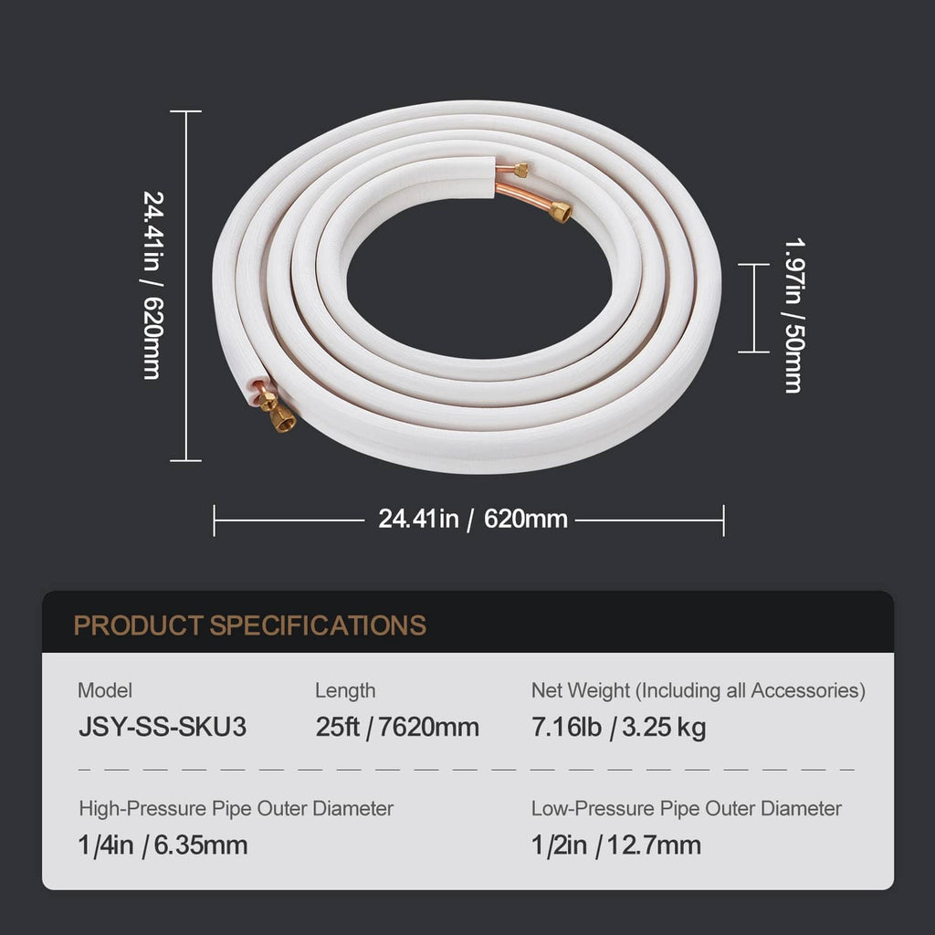 Coiled insulated mini split line set tubing with copper ends and white insulation