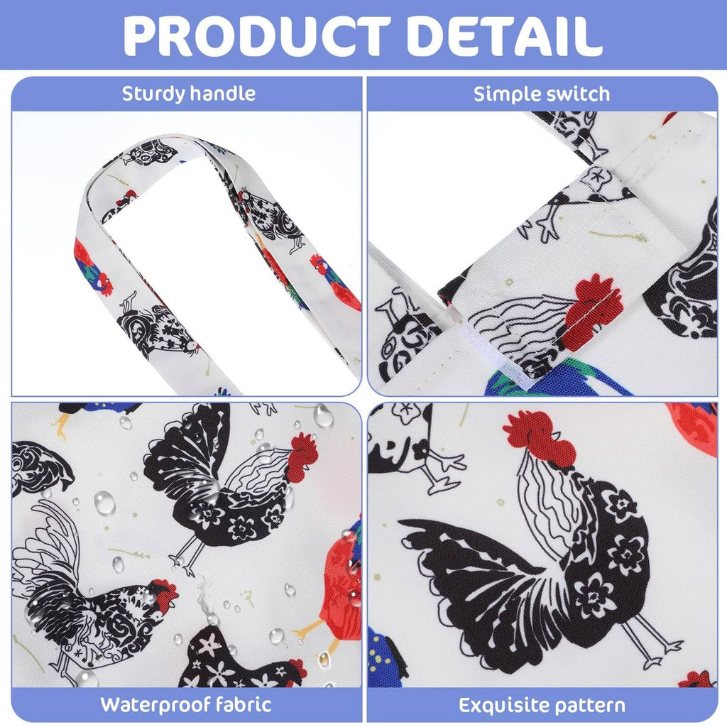 White poultry bag detail showing side handle and waterproof fabric, rooster pattern
