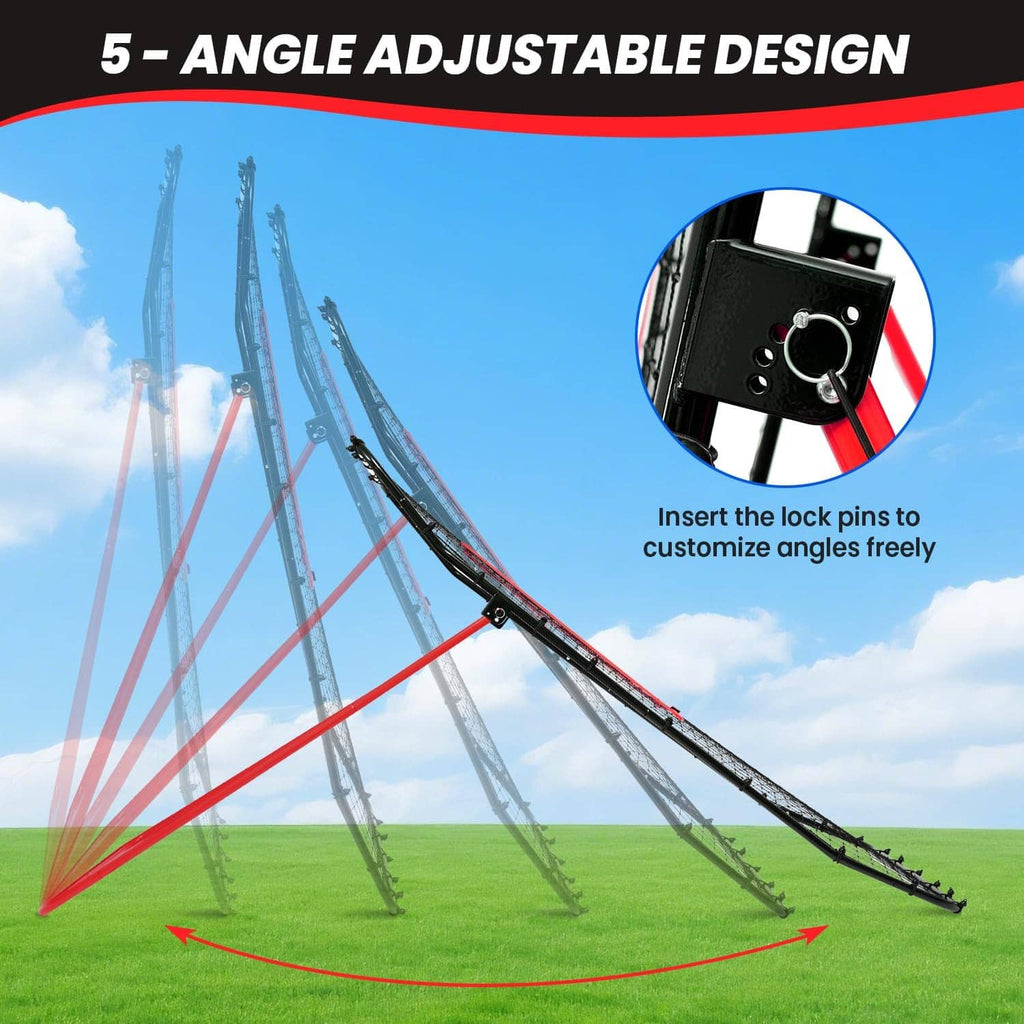 Angled adjustable volleyball rebounder net frame with lock pins, black and red