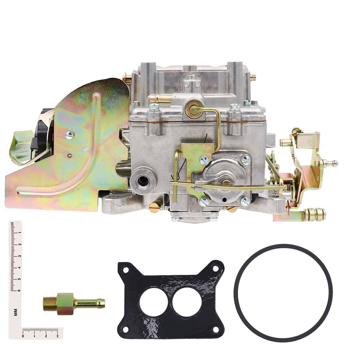 Two-barrel carburetor with side linkage and fuel inlet, includes mounting gasket