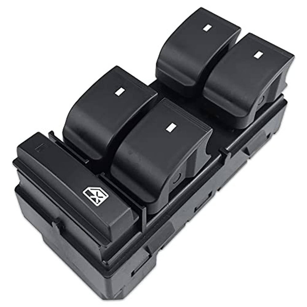 Black power window switch assembly with four rocker buttons and small indicator icons