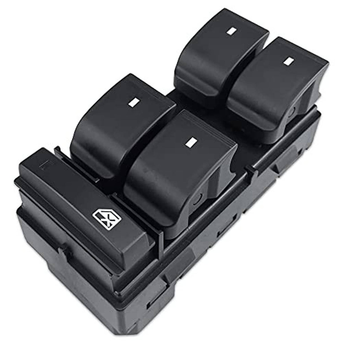 Black power window switch assembly with four rocker buttons and small indicator icons