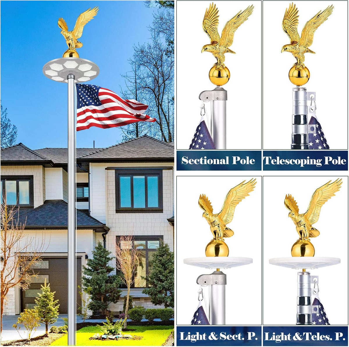 Golden eagle flagpole topper on a sectional and telescoping pole set