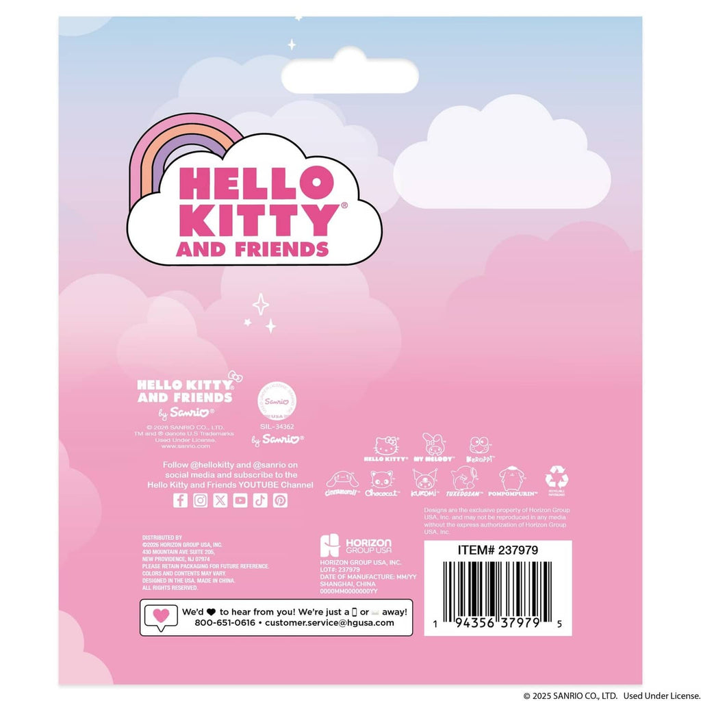 Back of Hello Kitty and Friends glitter gel product packaging with barcode