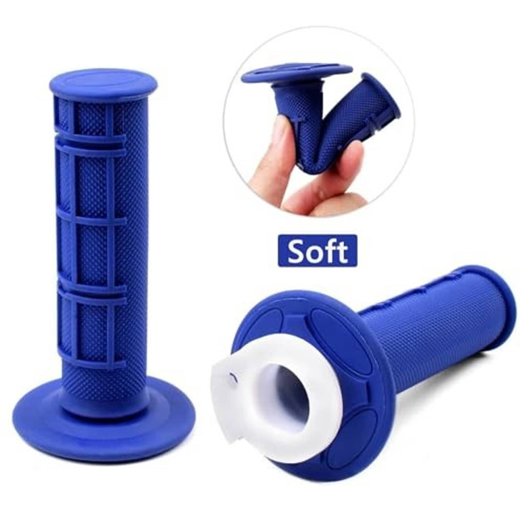 Blue soft-texture handle grips with end cap and mounting flange, hand-held close-up