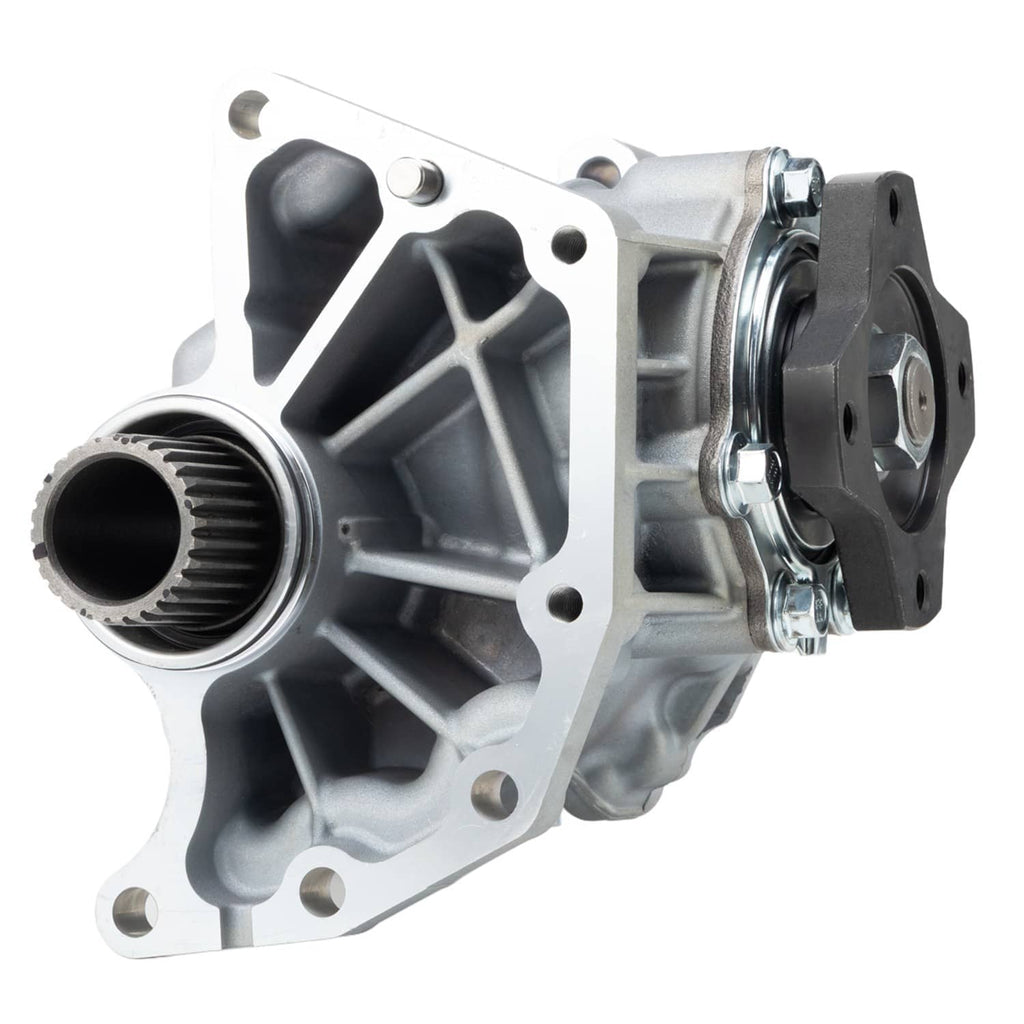 Transfer case end cover with splined output shaft and bolts, silver metal