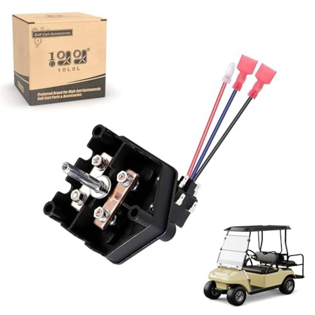Golf cart forward/reverse switch assembly with connected wire harness and terminal block
