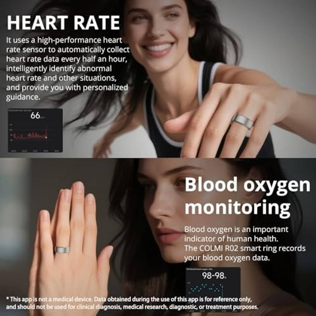 Smart ring worn on a hand with smartphone health monitoring graphs