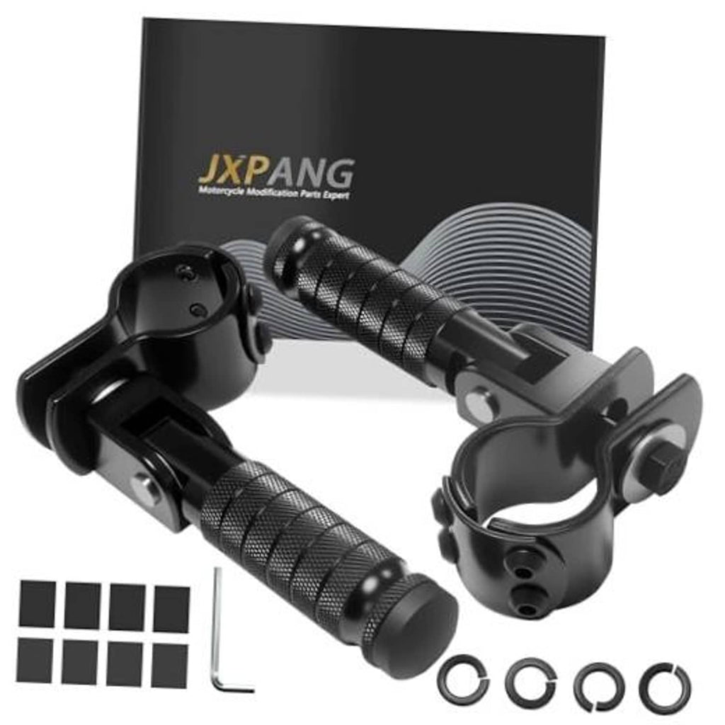 Black folding motorcycle rearset footrest with textured rubber foot pegs and mounting bracket.