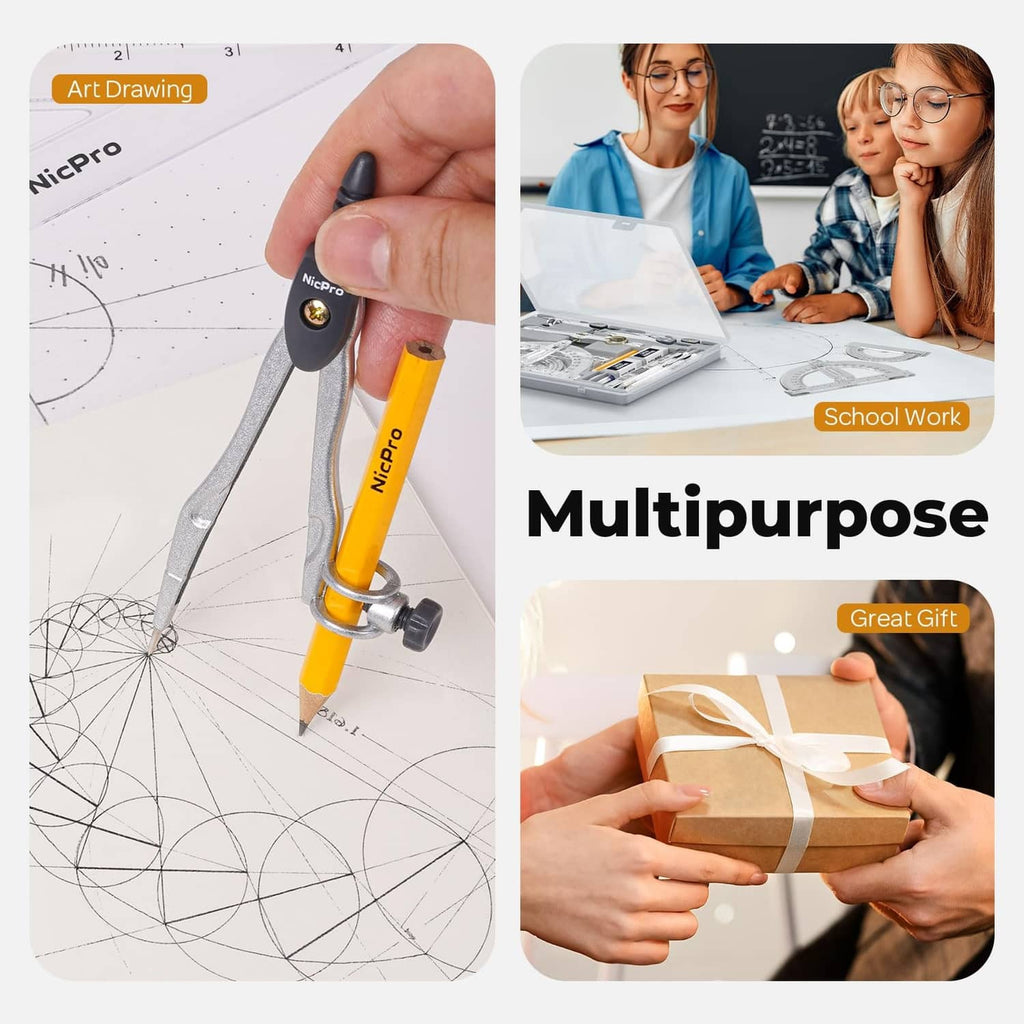 Compass and drawing tools for art and school with protractor, rulers and pencils