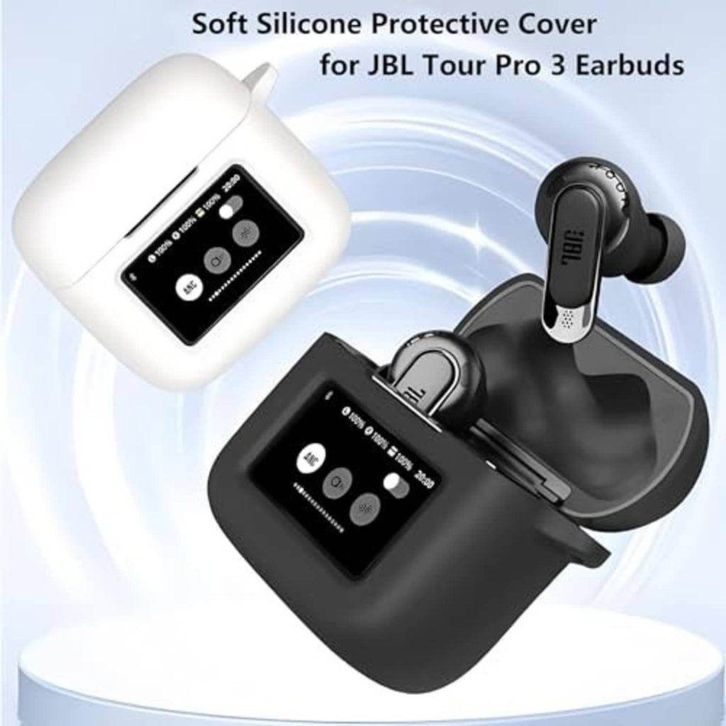 Black and white soft silicone earbuds charging cases with PET screen area and earbuds