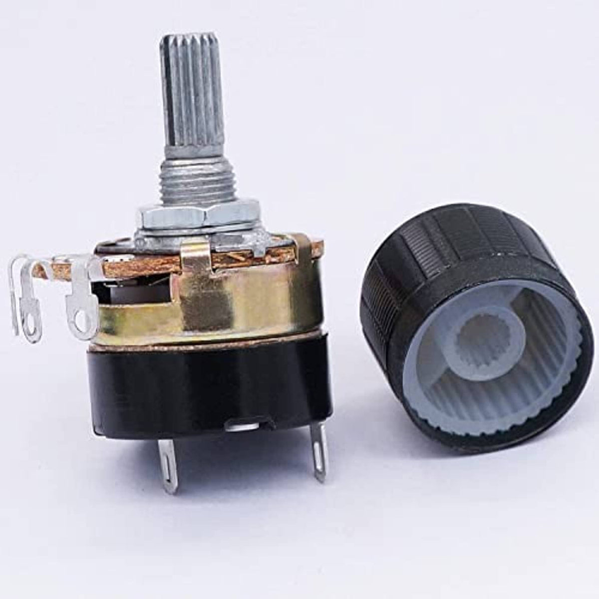 Black potentiometer with textured knob, metal threaded shaft, and exposed terminals