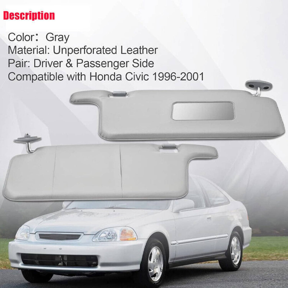 Gray sun visor pair with mirror openings and pivot-style mounting hardware