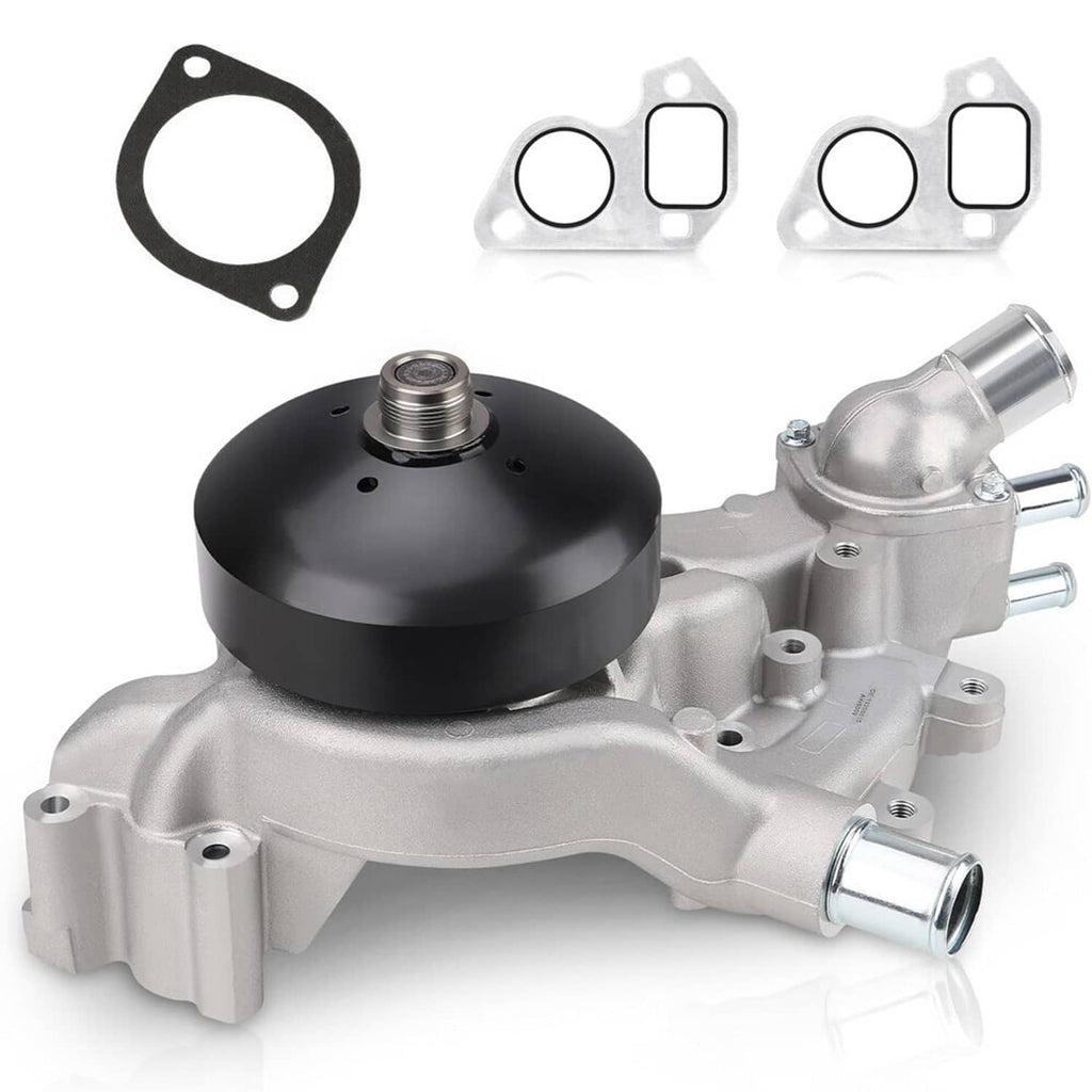Water pump with thermostat, silver housing with black cover and mounting gasket pieces