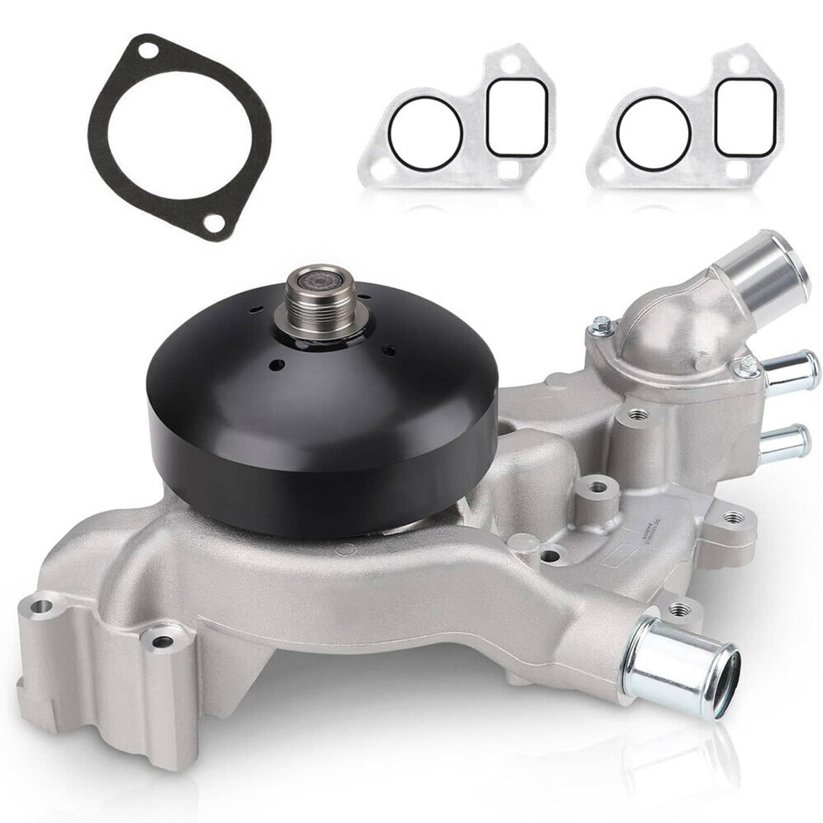 Water pump with thermostat, silver housing with black cover and mounting gasket pieces