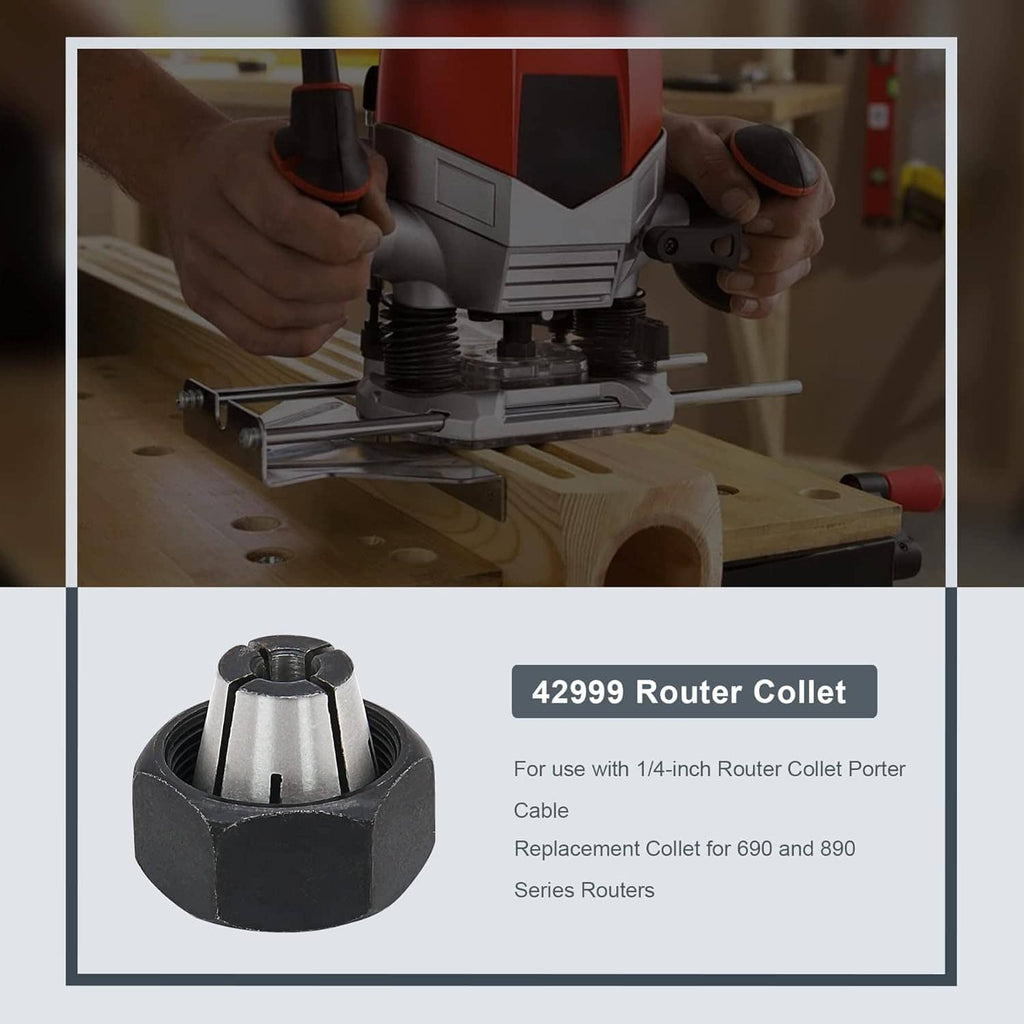 1/4-inch router collet shown next to a router in use on wood