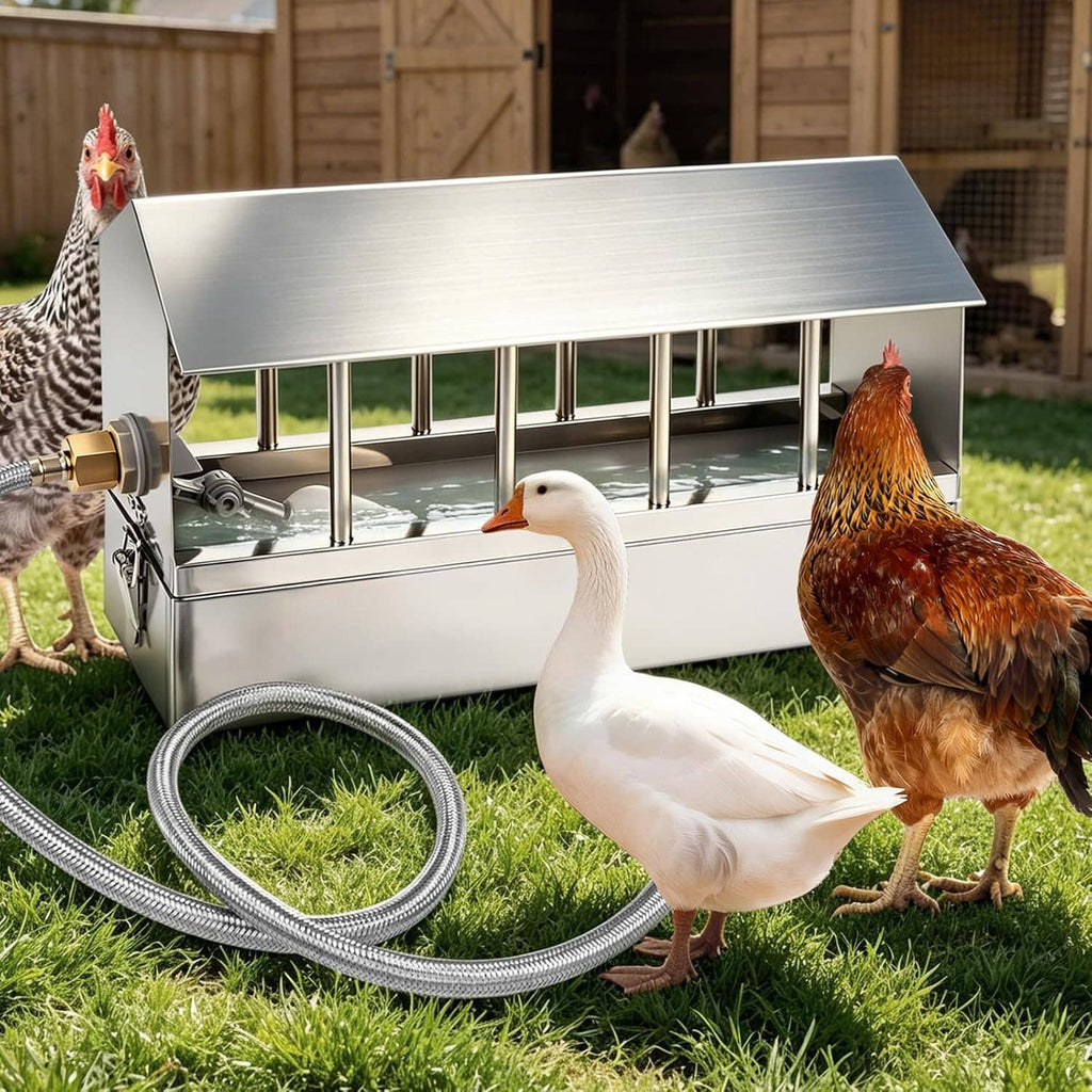 Stainless steel chicken waterer unit with covered top, water trough, and metal spouts
