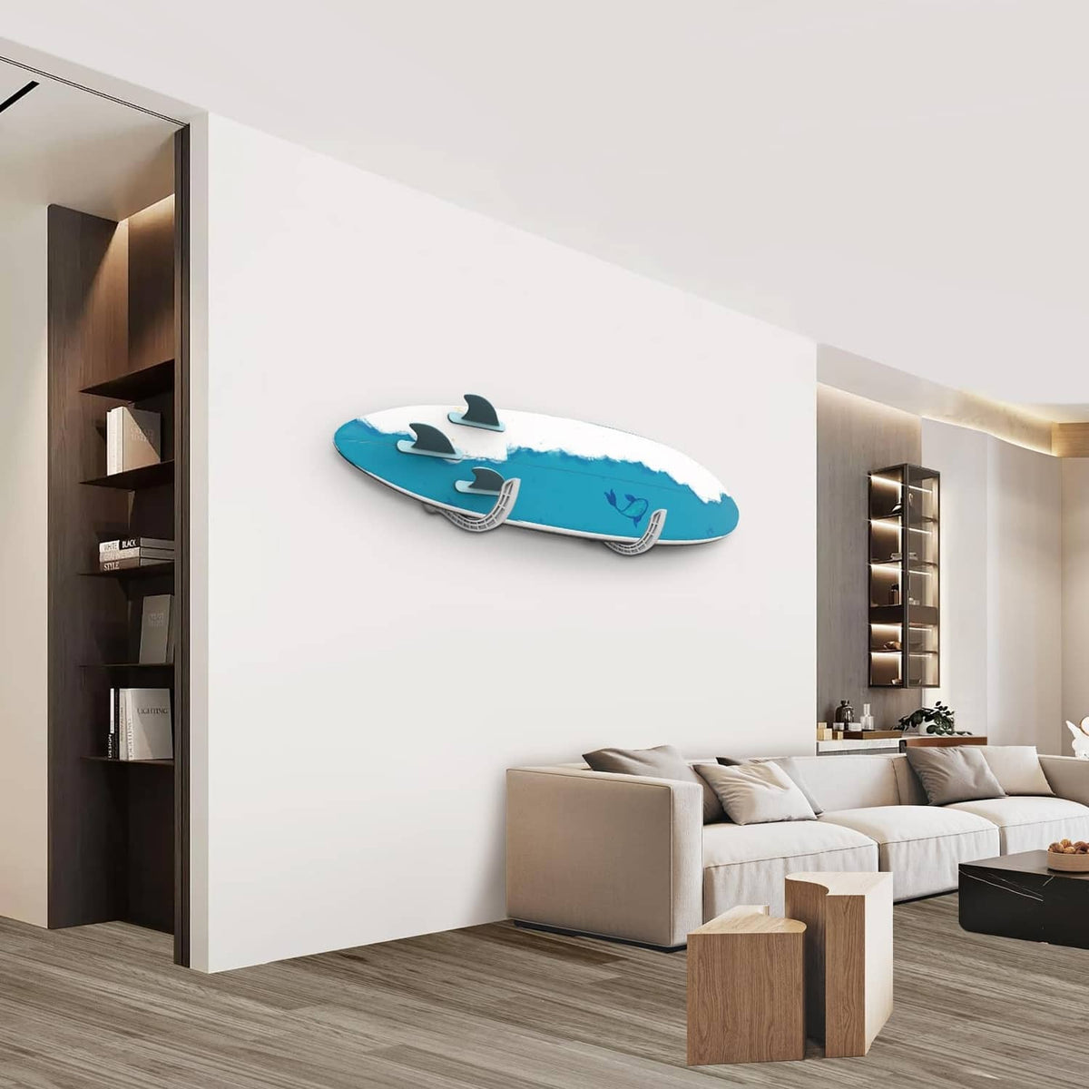 Gray wall-mount surfboard rack holding a turquoise surfboard with two support brackets.