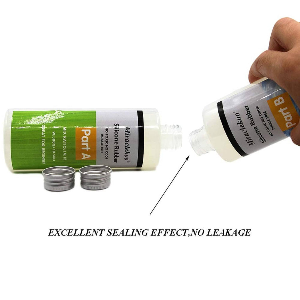 Silicone rubber bottles with green Part A and blue Part B, plus small metal caps