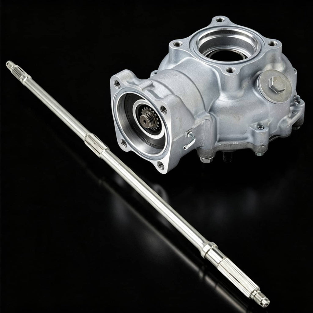 Rear differential housing with axle shaft, silver metal, circular seal openings