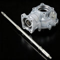 Rear differential housing with axle shaft, silver metal, circular seal openings