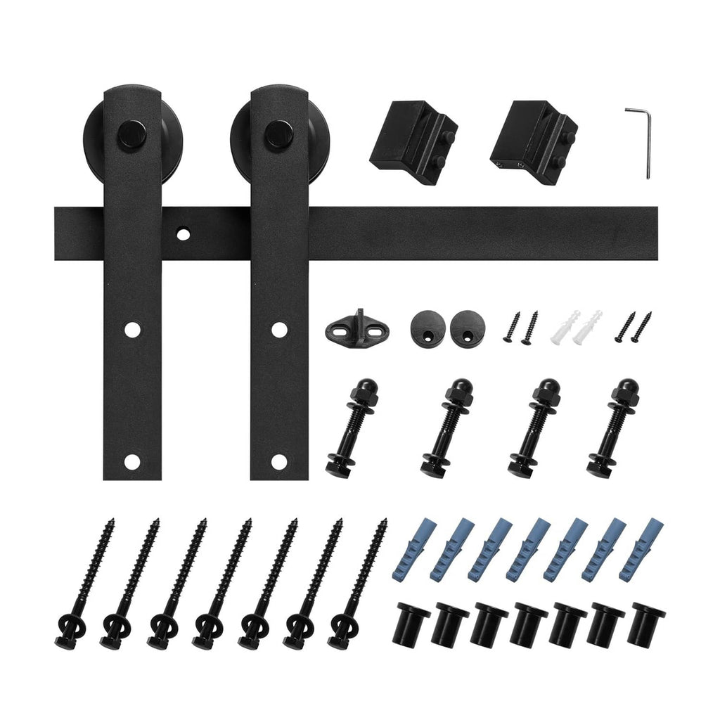 Black sliding barn door hardware kit with track, brackets, rollers, screws, and anchors