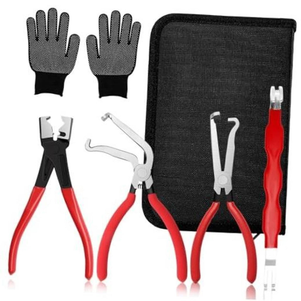 Electrical disconnect pliers set with red grips and black gloves in a black storage pouch