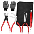 Electrical disconnect pliers set with red grips and black gloves in a black storage pouch