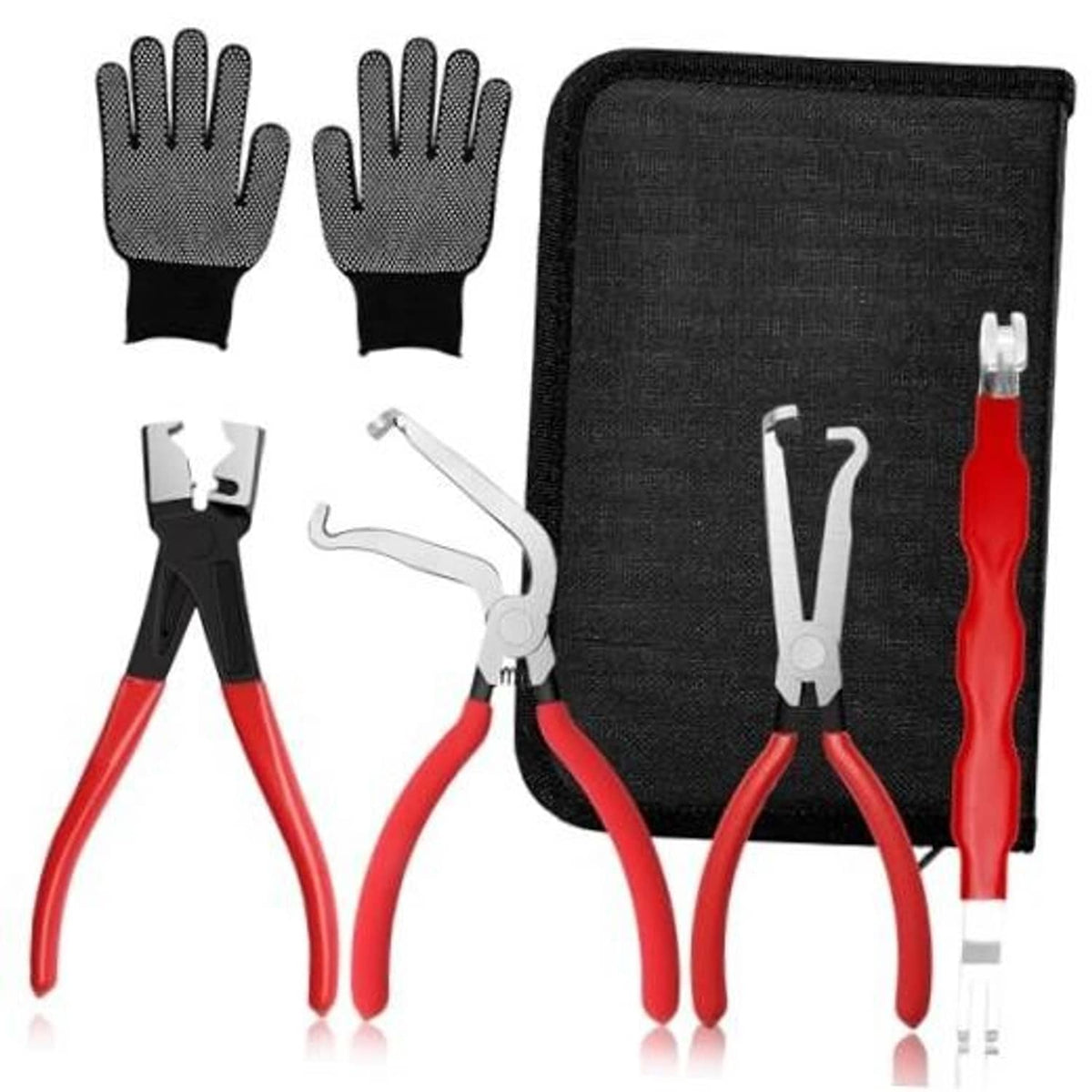 Electrical disconnect pliers set with red grips and black gloves in a black storage pouch