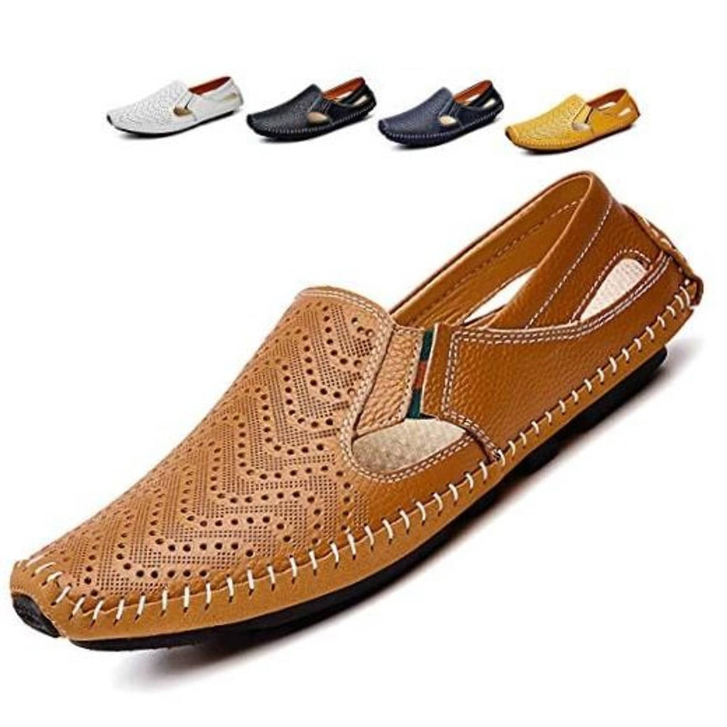 Men's tan brown leather slip-on driving shoes, perforated upper, moc stitching