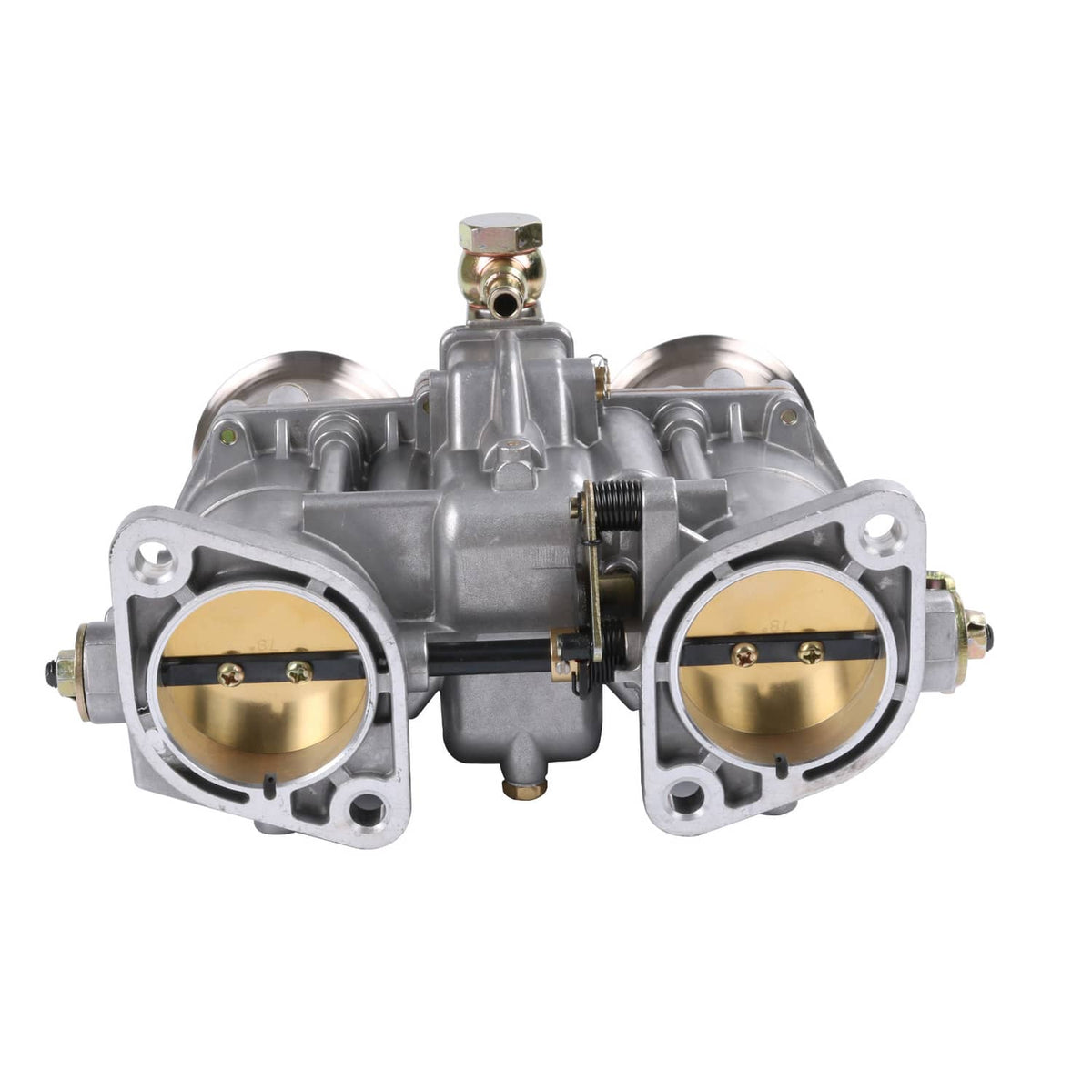 Front view of dual carburetor with two throttle bores and central linkage