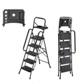 5-step steel folding ladder with anti-slip steps and dual handrails, integrated work tray