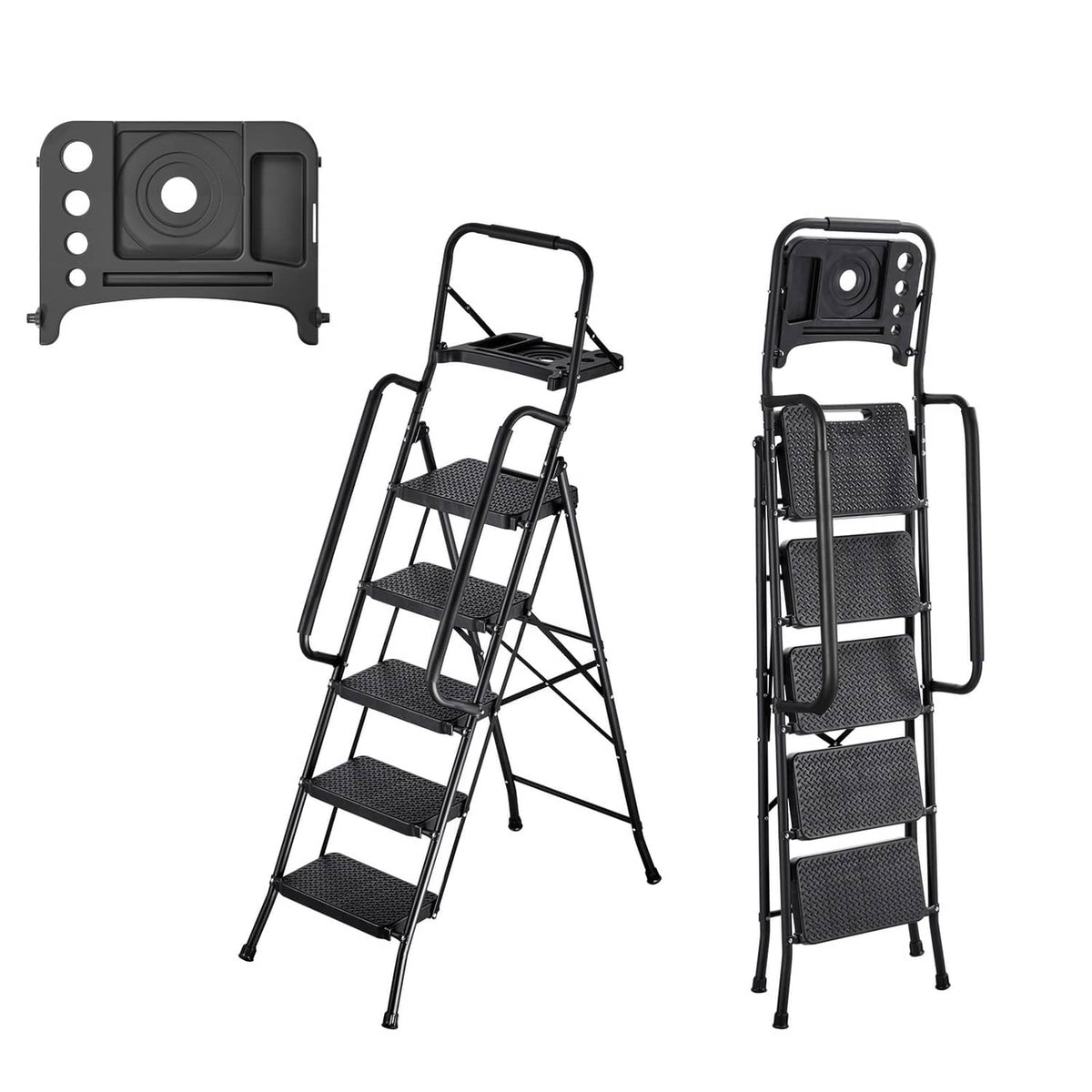 5-step steel folding ladder with anti-slip steps and dual handrails, integrated work tray