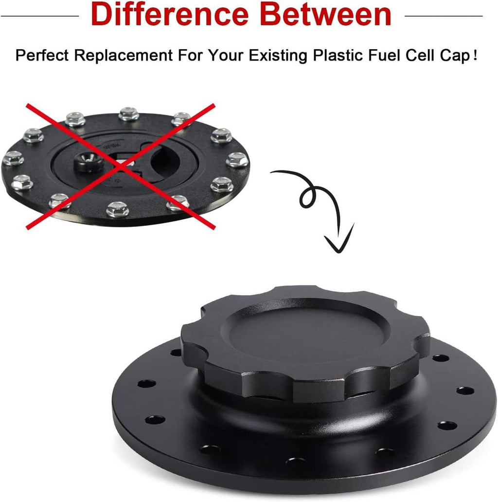 Black fuel cell cap with raised opening and 12-bolt flange, front view