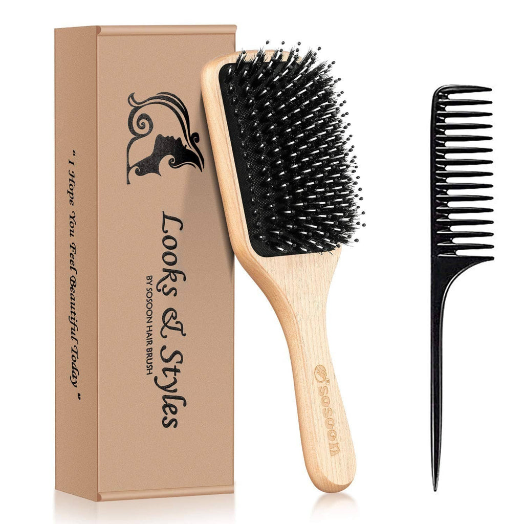 Wooden paddle hairbrush with black boar bristles and separate black comb