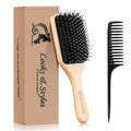 Wooden paddle hairbrush with black boar bristles and separate black comb