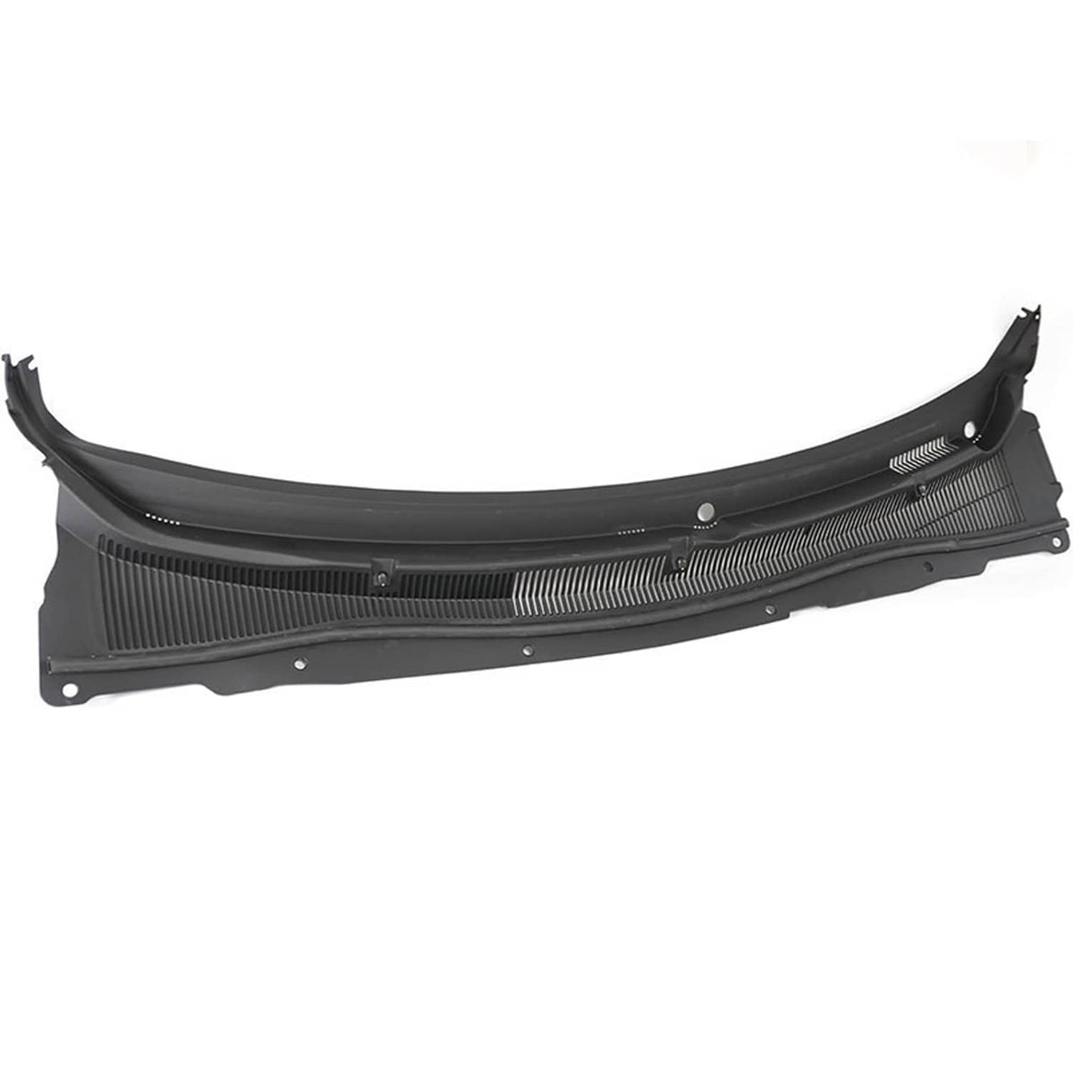 Front windshield wiper cowl cover panel in black with vented grille and mounting holes