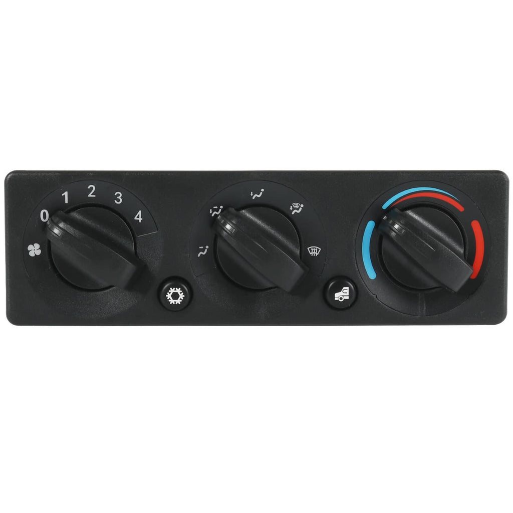 A/C climate control module panel front view with three rotary knobs and temperature dial