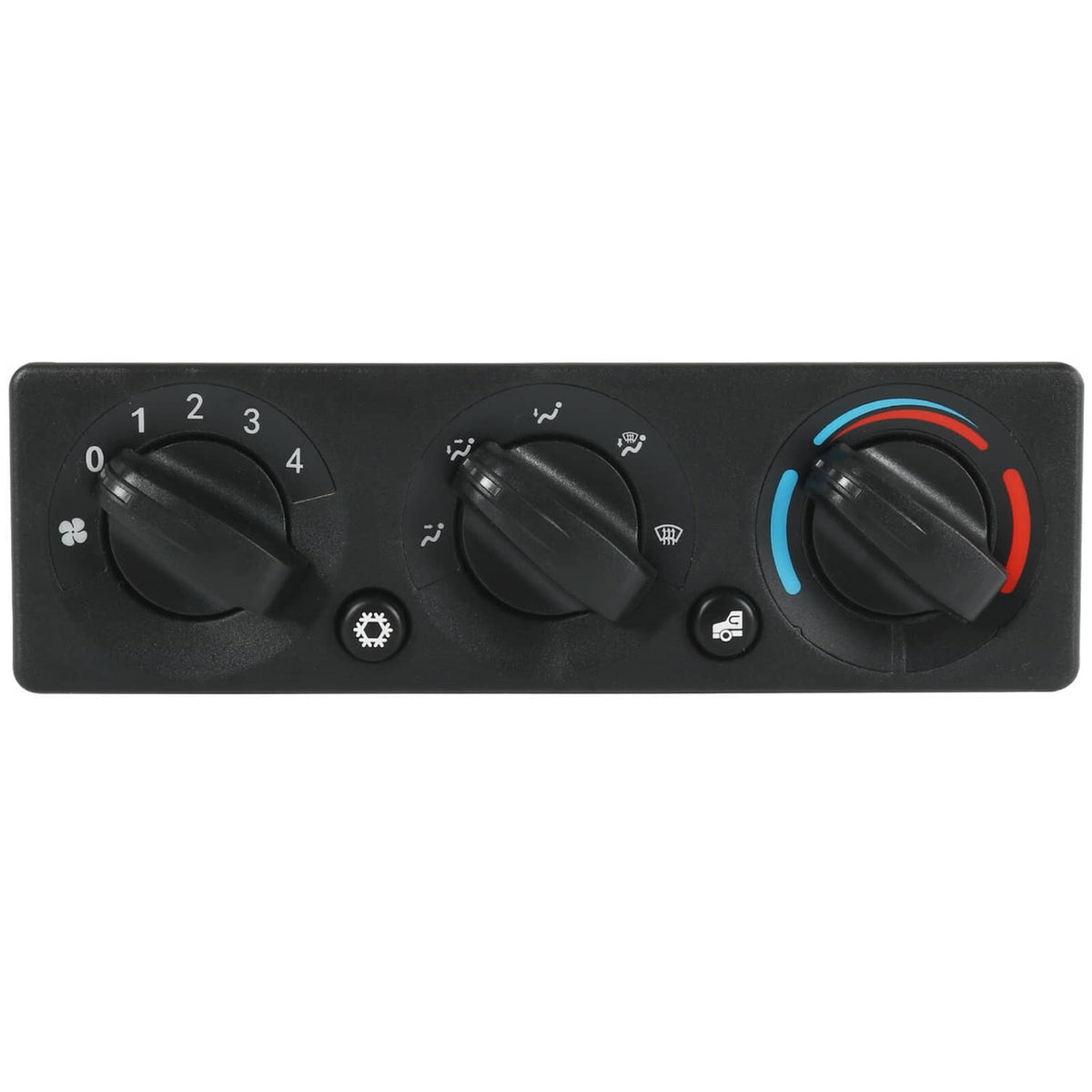 A/C climate control module panel front view with three rotary knobs and temperature dial