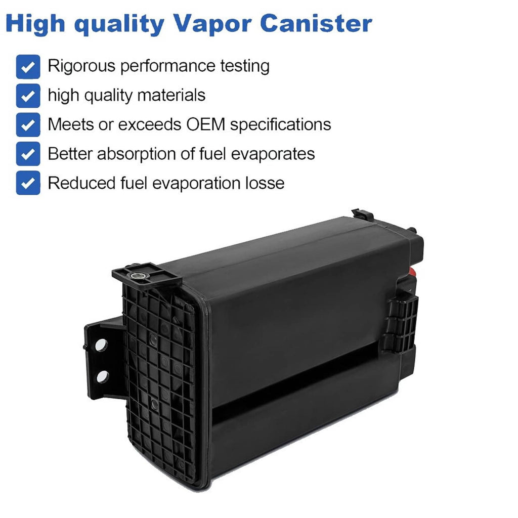 Black fuel vapor canister with grille-like side panel and mounting tabs